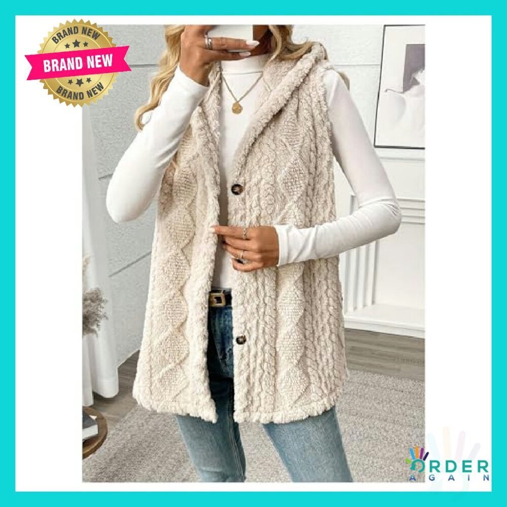 Women's Fleece Hooded Vest Sleeveless Cardigan Coat Chic Winter Outerwear - Picture 3 of 6